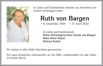 Traueranzeige von Ruth von Bargen von Allgäuer Zeitung,Kempten