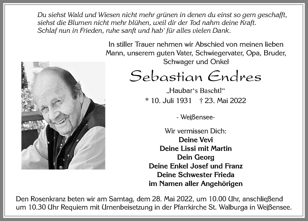  Traueranzeige für Sebastian Endres vom 25.05.2022 aus Allgäuer Zeitung, Füssen
