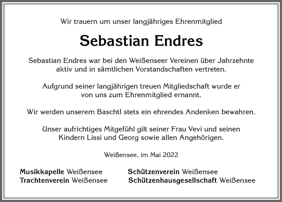 Traueranzeige von Sebastian Endres von Allgäuer Zeitung, Füssen