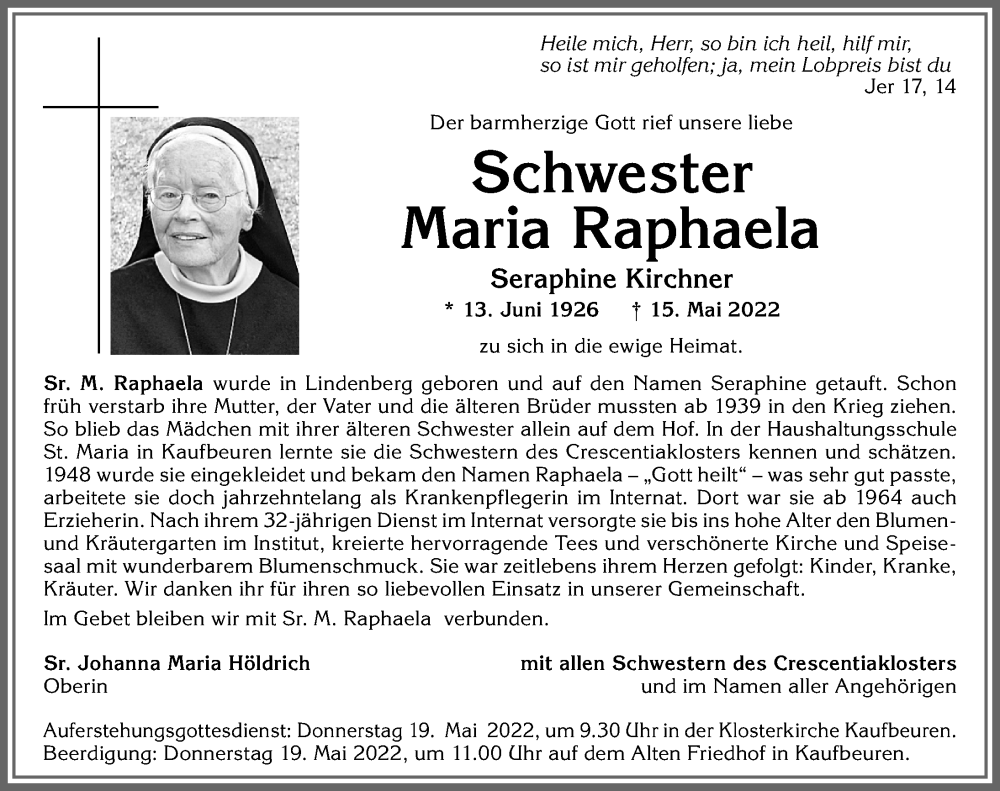  Traueranzeige für Seraphine Kirchner vom 18.05.2022 aus Allgäuer Zeitung, Kaufbeuren/Buchloe