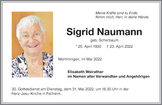 Traueranzeige von Sigrid Naumann von Memminger Zeitung