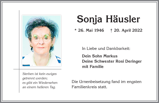 Traueranzeige von Sonja Häusler von Allgäuer Zeitung,Kempten