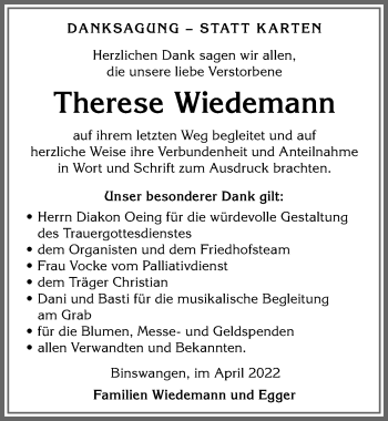 Traueranzeige von Therese Wiedemann von Allgäuer Anzeigeblatt
