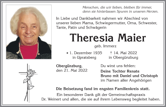 Traueranzeige von Theresia Maier von Allgäuer Zeitung, Marktoberdorf