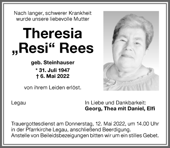 Traueranzeige von Theresia Rees von Memminger Zeitung