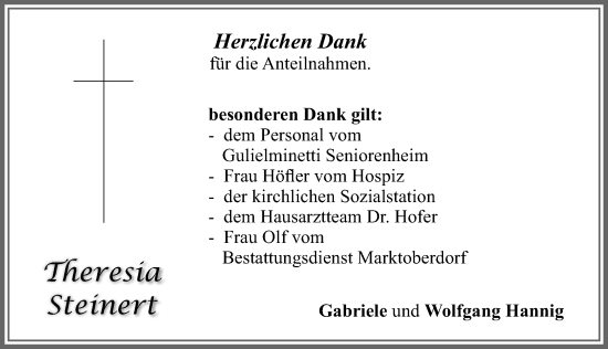 Traueranzeige von Theresia Steinert von Allgäuer Zeitung, Marktoberdorf