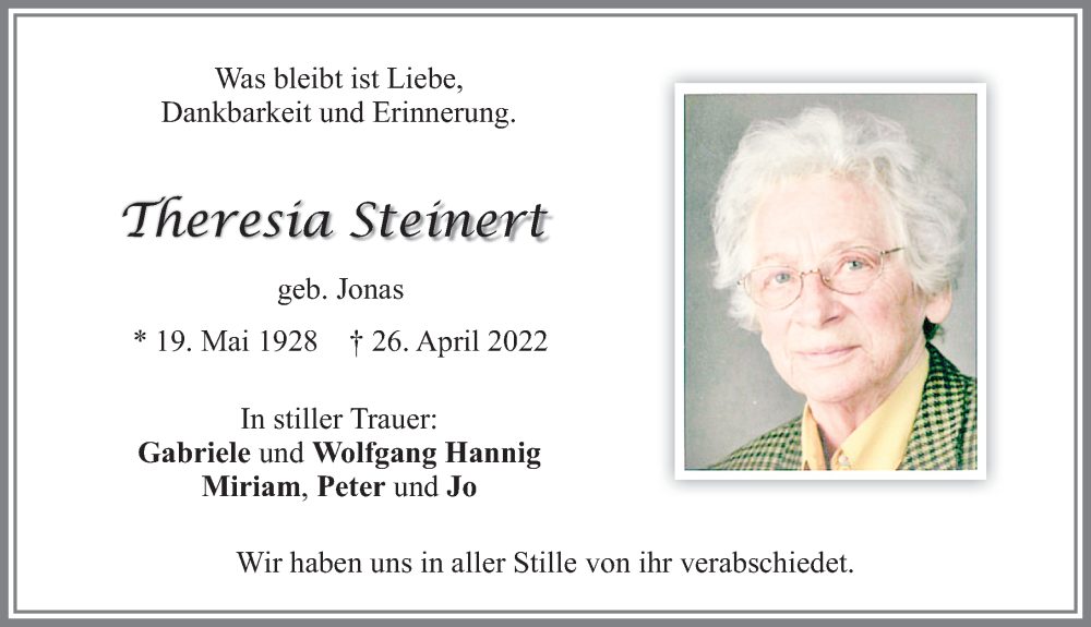  Traueranzeige für Theresia Steinert vom 14.05.2022 aus Allgäuer Zeitung, Marktoberdorf