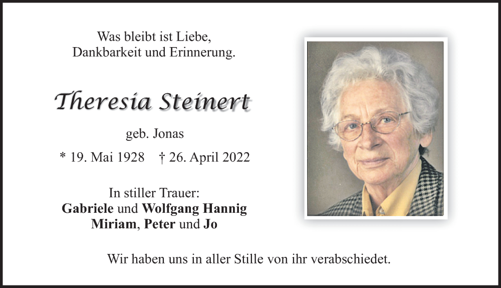  Traueranzeige für Theresia Steinert vom 18.05.2022 aus Allgäuer Zeitung, Kaufbeuren/Buchloe