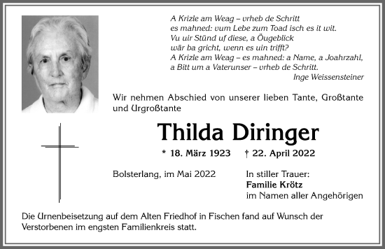 Traueranzeige von Thilda Diringer von Allgäuer Anzeigeblatt