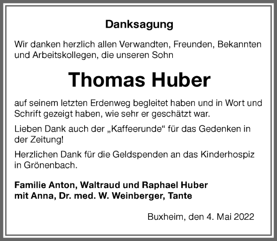 Traueranzeige von Thomas Huber von Memminger Zeitung