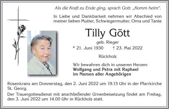 Traueranzeige von Tilly Gött von Allgäuer Zeitung, Füssen