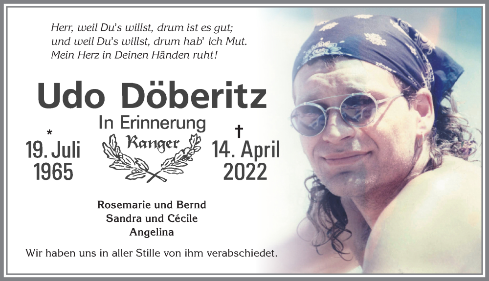  Traueranzeige für Udo Döberitz vom 21.05.2022 aus Memminger Zeitung