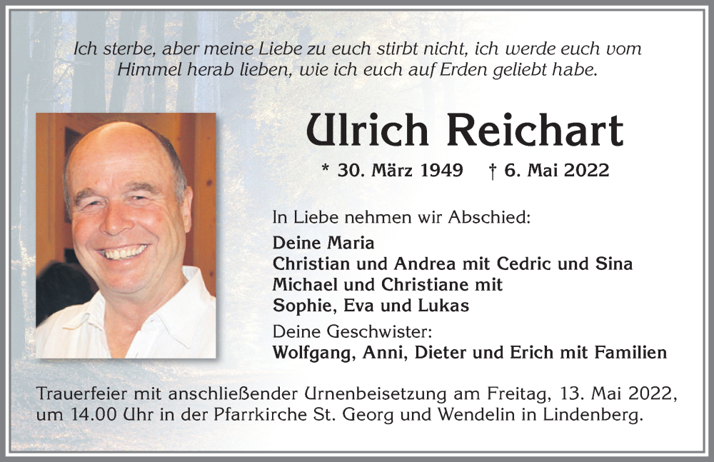  Traueranzeige für Ulrich Reichart vom 10.05.2022 aus Allgäuer Zeitung, Kaufbeuren/Buchloe
