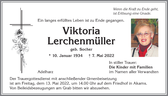Traueranzeige von Viktoria Lerchenmüller von Allgäuer Anzeigeblatt