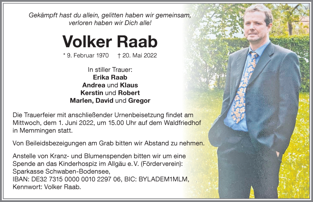  Traueranzeige für Volker Raab vom 28.05.2022 aus Memminger Zeitung