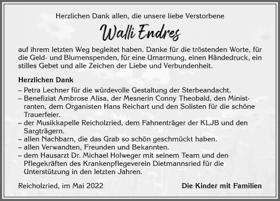 Traueranzeige von Walli Endres von Allgäuer Zeitung,Kempten