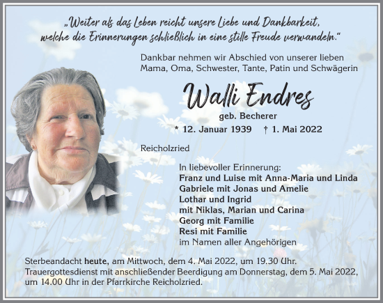 Traueranzeige von Walli Endres von Allgäuer Zeitung,Kempten