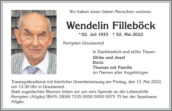 Traueranzeige von Wendelin Filleböck von Allgäuer Zeitung,Kempten