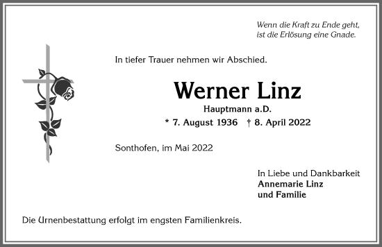 Traueranzeige von Werner Linz von Allgäuer Anzeigeblatt