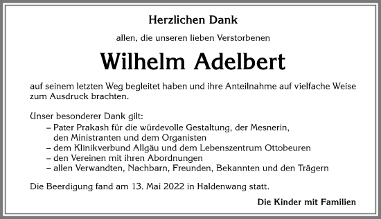 Traueranzeige von Wilhelm Adelbert von Allgäuer Zeitung,Kempten