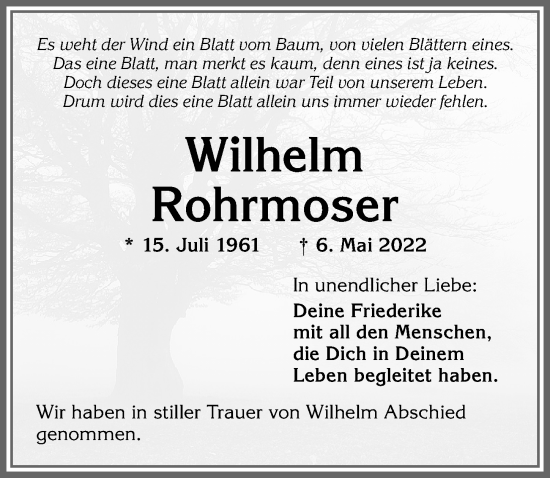 Traueranzeige von Wilhelm Rohrmoser von Allgäuer Anzeigeblatt