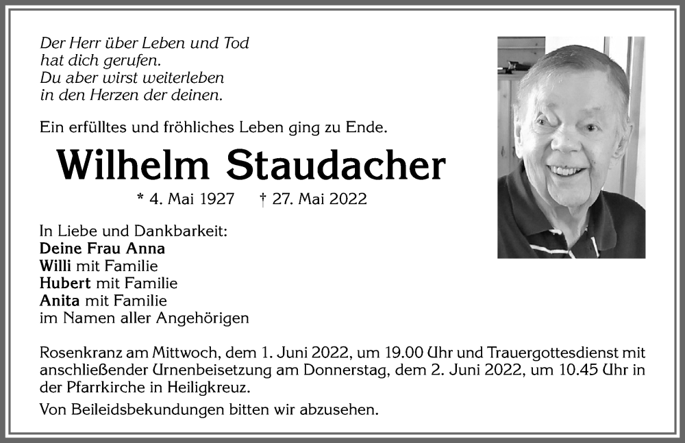  Traueranzeige für Wilhelm Staudacher vom 31.05.2022 aus Allgäuer Zeitung,Kempten