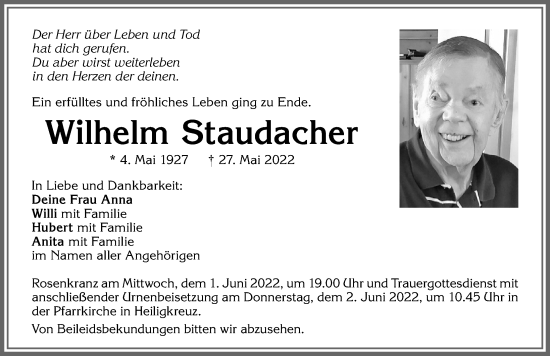 Traueranzeige von Wilhelm Staudacher von Allgäuer Zeitung,Kempten