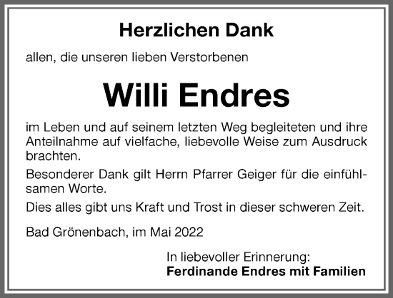 Traueranzeige von Willi Endres von Memminger Zeitung