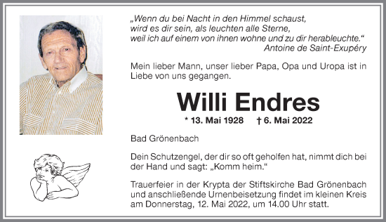 Traueranzeige von Willi Endres von Memminger Zeitung