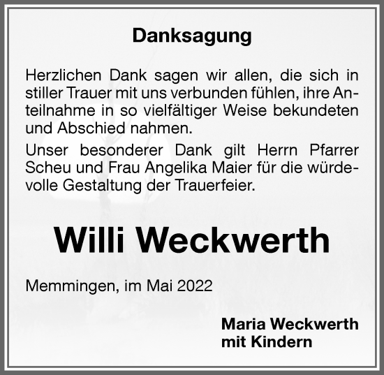 Traueranzeige von Willi Weckwerth von Memminger Zeitung