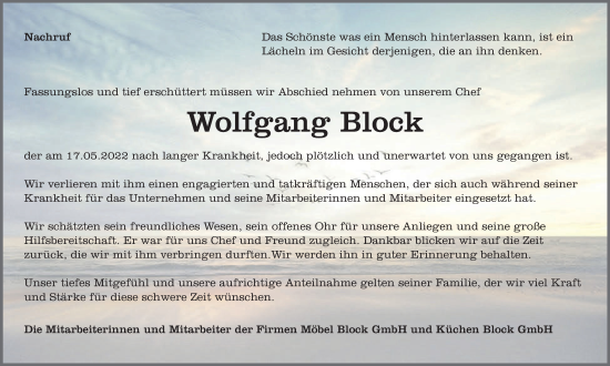 Traueranzeige von Wolfgang Block von Der Westallgäuer