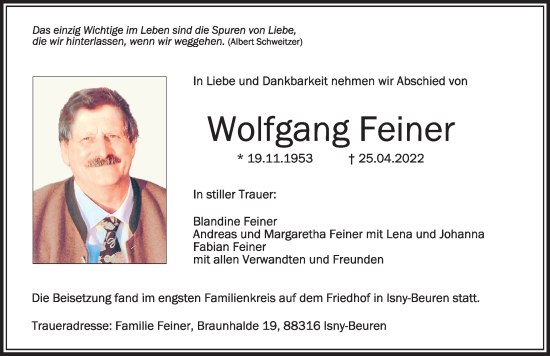 Traueranzeige von Wolfgang Feiner von Der Westallgäuer