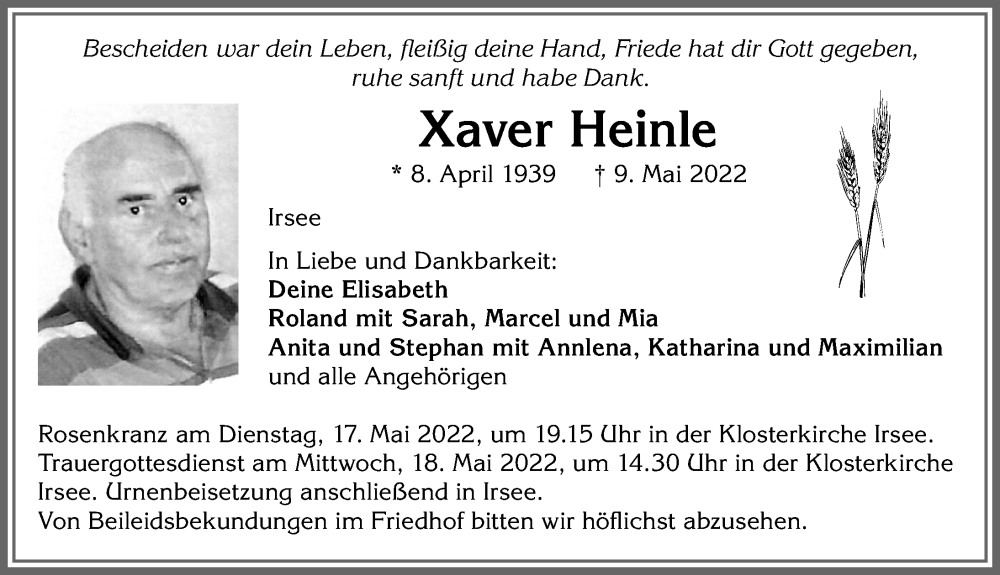  Traueranzeige für Xaver Heinle vom 14.05.2022 aus Allgäuer Zeitung, Kaufbeuren/Buchloe