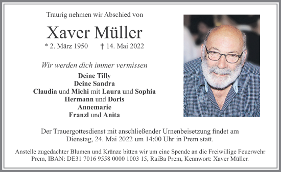 Traueranzeige von Xaver Müller von Allgäuer Zeitung, Füssen