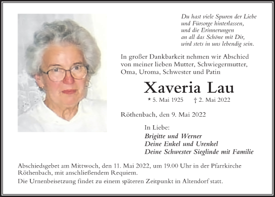 Traueranzeige von Xaveria Lau von Der Westallgäuer