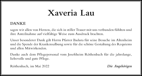 Traueranzeige von Xaveria Lau von Der Westallgäuer