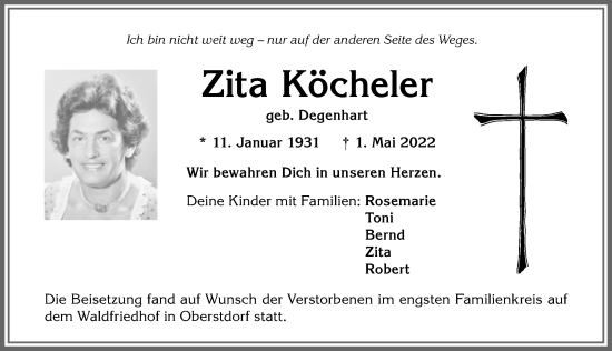 Traueranzeige von Zita Köcheler von Allgäuer Anzeigeblatt