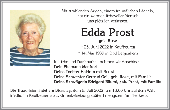Traueranzeige von Edda Prost 