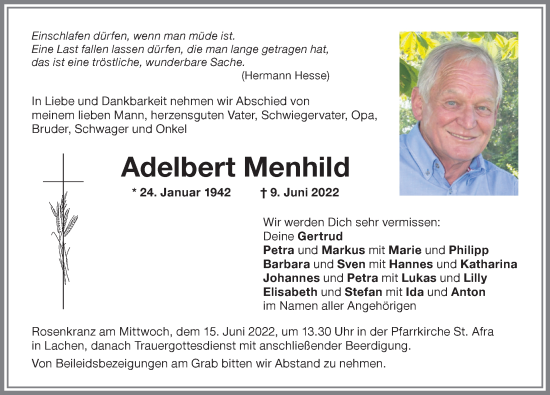 Traueranzeige von Adelbert Menhild von Memminger Zeitung
