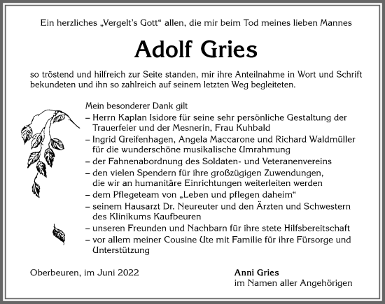 Traueranzeige von Adolf Gries von Allgäuer Zeitung, Kaufbeuren/Buchloe