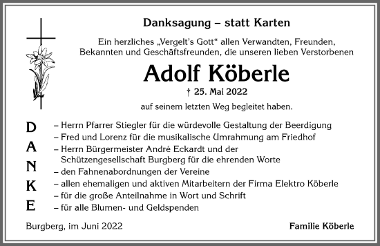 Traueranzeige von Adolf Köberle von Allgäuer Anzeigeblatt
