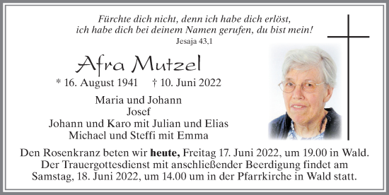 Traueranzeige von Afra Mutzel von Allgäuer Zeitung, Marktoberdorf