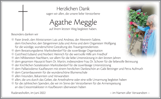 Traueranzeige von Agathe Meggle von Allgäuer Zeitung, Marktoberdorf