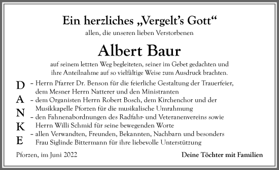 Traueranzeige von Albert Baur von Allgäuer Zeitung, Kaufbeuren/Buchloe