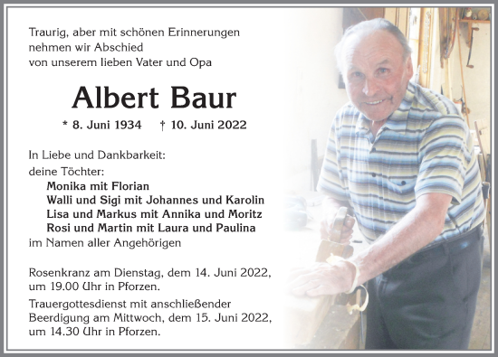 Traueranzeige von Albert Baur von Allgäuer Zeitung, Kaufbeuren/Buchloe