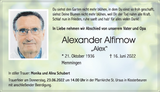 Traueranzeige von Alexander Alfimow von Memminger Zeitung