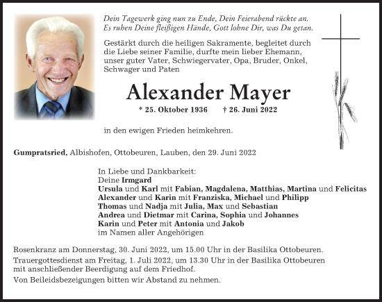 Traueranzeige von Alexander Mayer von Memminger Zeitung