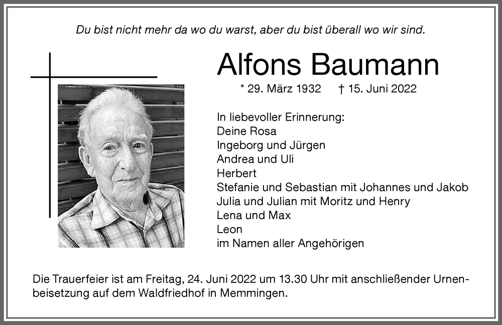  Traueranzeige für Alfons Baumann vom 22.06.2022 aus Memminger Zeitung