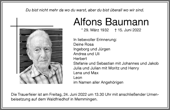 Traueranzeige von Alfons Baumann von Memminger Zeitung