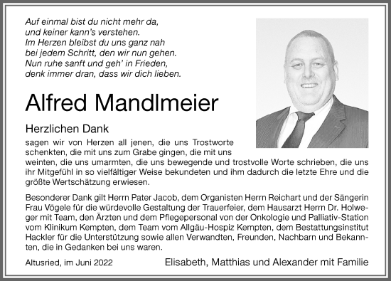Traueranzeige von Alfred Mandlmeier von Allgäuer Zeitung,Kempten